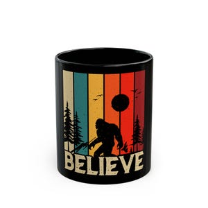 Bigfoot cryptid gift Retro Coffee Mug: "Believe" Sasquatch Design