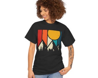 Camiseta retro de montaña y sol, camiseta vintage para senderismo al aire libre, camiseta gráfica para amantes de la naturaleza