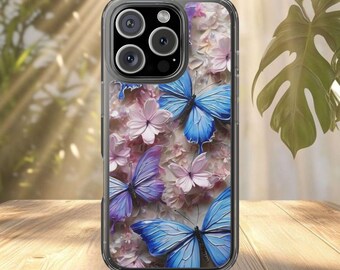 Blue Butterfly Floral Phone Case for iPhone 17 Air 16 15 14 13 Samsung Galaxy Google Pixel | Tough Garden Blossom Protective Cover