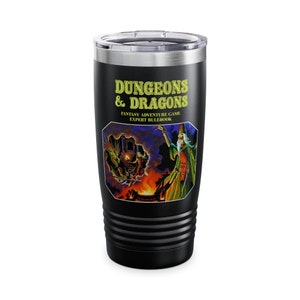 May include: Black stainless steel tumbler with a Dungeons & Dragons fantasy adventure game expert rulebook design. The design features a wizard casting a spell and a dragon flying in the background.