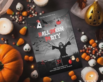 May include: A Halloween party invitation with the text "Halloween Party" in red and white. The invitation features a spooky illustration of a person with outstretched arms, bats, and a tree. The invitation is surrounded by Halloween candies, pumpkins, and candles.