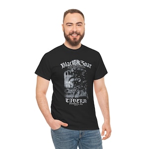 Lovecraft Black Goat Tavern Tee, Gothic Style T-Shirt for Pub Gatherings, Halloween, Unisex Heavy Cotton Shirt