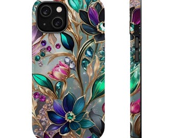 Puede incluir: Una funda de teléfono con un diseño floral de flores turquesas, moradas y rosas, tallos dorados y detalles de joyas. La funda tiene un acabado brillante y un recorte negro para la cámara.