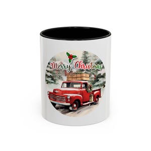 Merry Christmas Red Truck Accent Mug (11oz/15oz) - Festive Holiday Mug with Multiple Color Options