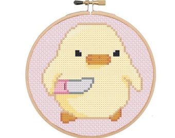 ナイフを持ったアヒルのクロスステッチパターン、面白いミーム、イースター、即時ダウンロード、デジタルPDF