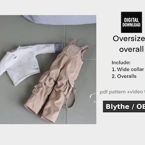 May include: A miniature outfit for a doll, including a white distressed wide collar shirt with blue and white striped cuffs and tan overalls with pockets. The image also includes the text "Oversized overall" and "Blythe / OB24".