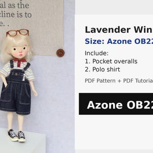 May include: A doll wearing a denim pocket overalls and a striped polo shirt. The doll has blonde hair and is wearing small eyeglasses. The text on the image says "Lavender Wink" and "Azone OB22".