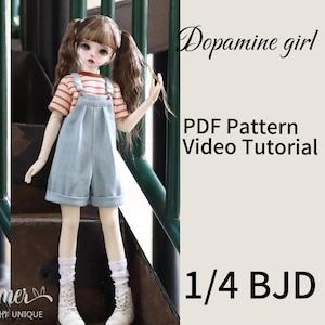 May include: A 1/4 BJD doll with brown pigtails, wearing a red and white striped shirt and denim overalls. The doll is posed on a staircase. Text on the image reads "Dopamine girl", "PDF Pattern Video Tutorial".