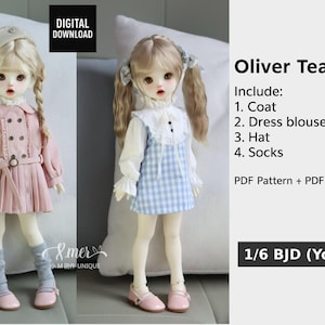 May include: Two dolls dressed in miniature outfits. One doll wears a pink coat with a pleated skirt, a hat, and gray socks. The other doll is in a blue and white checkered dress with a white blouse. The image includes the text "Oliver Tea" and "Digital Download".