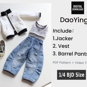 May include: A white fleece jacket with black trim, a gray and white striped sleeveless top, and blue denim barrel pants for a 1/4 BJD doll. The text reads: Digital Download, DaoYing, Include: 1. Jacker, 2. Vest, 3. Barrel Pants, PDF Pattern + Video Tutorial, 1/4 BJD Size.
