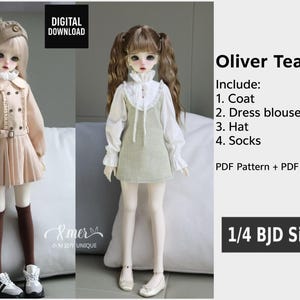May include: Two dolls dressed in miniature outfits. One doll wears a tan coat, pleated skirt, and beret. The other doll is in a white blouse and green dress. Text on the image reads "Oliver Tea" and "1/4 BJD Size".