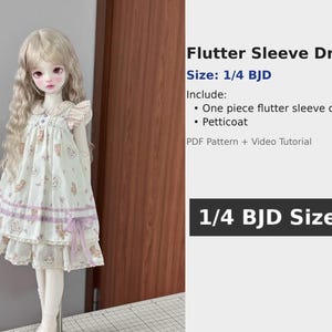 May include: A doll wearing a white flutter sleeve dress with a light purple ribbon and trim. The dress has a pattern of small bears and other designs. The text on the image says "Flutter Sleeve Dress" and "1/4 BJD Size".