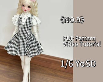 May include: A doll wearing a black and white gingham dress with a white blouse underneath. The doll has blonde hair with pink bows. The image includes the text "NO.9" and "PDF Pattern Video Tutorial 1/6 YoSD".