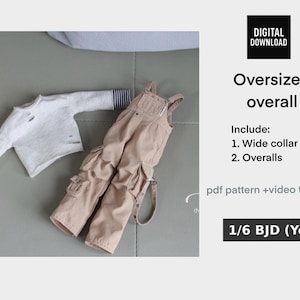 May include: A white wide collar shirt and tan overalls with pockets are displayed on a gray surface. The image includes the text "Oversized overall" and "Digital Download". The included items are a wide collar shirt and overalls.