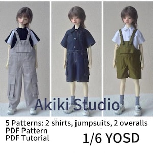 May include: Five doll clothing patterns for 1/6 scale dolls. The patterns include two shirts, a jumpsuit, and two overalls. The patterns are available as a PDF download with a tutorial.