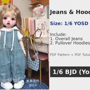 May include: A doll wearing a denim overall jeans and a white hooded shirt. The doll is wearing white sneakers. The image includes the text "Jeans & Hoodies", "Size: 1/6 YOSD", and "Include: 1. Overall Jeans 2. Pullover Hoodies".