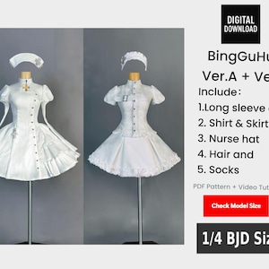 Puede incluir: Patrón de descarga digital para ropa de muñeca BJD tamaño 1/4, BingGuHua Ver.A y Ver.B. Incluye un vestido de manga larga, camisa, falda, gorro de enfermera, accesorios para el cabello y calcetines. Prendas blancas con detalles de cruces.