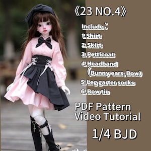May include: A doll dressed in a pink shirt, black skirt, and black bow tie. The doll is also wearing a black headband and black boots. The image includes text that says "PDF Pattern Video Tutorial 1/4 BJD".