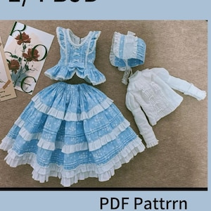 May include: A blue and white dress with a white lace trim and a matching hat. The dress has a ruffled skirt and a bodice with a bow. The set is for a 1/4 BJD doll. PDF Pattern and Video Tutorial included.