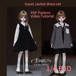 May include: A doll wearing a black dress with a white collar and a gray striped jacket. The doll is standing on a white stand. The text "Hazel Jacket dress set" is at the top of the image. The text "PDF Pattern Video Tutorial" is below the doll's head. The text "&mer 小M团作 UNIQUE 1/4 BJD" is at the bottom of the image.
