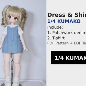 May include: A doll wearing a denim patchwork skirt and a white t-shirt. The doll has blonde hair styled in pigtails and is wearing white sneakers. The text on the image reads "Dress & Shirt 1/4 KUMAKO".