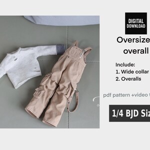 May include: A miniature outfit for a doll, including a white wide collar shirt and tan overalls. The shirt has distressed details and striped cuffs. The overalls have multiple pockets and adjustable straps. The text on the image says "Oversized overall" and "1/4 BJD Size".