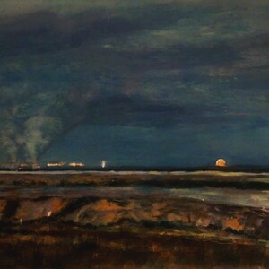 M. Cenker: "La centrale elettrica", olio su tavola, paesaggio brandeburghese