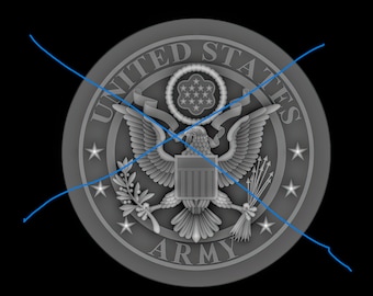 May include: A gray seal with the words "United States Army" around the edge. The seal features an eagle with a shield on its chest, a wreath of olive branches, and arrows.