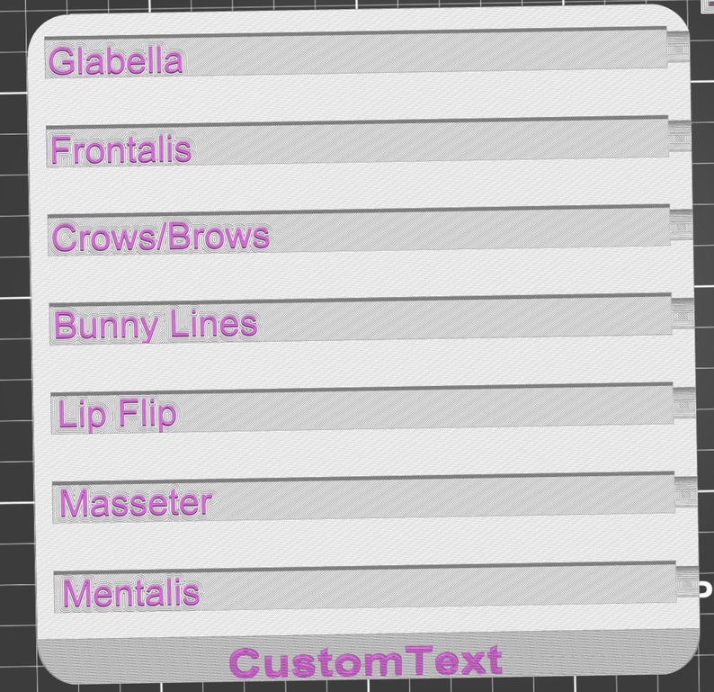 May include: A white, rectangular graphic with seven horizontal gray bars, each labeled with a different term in purple text. The terms include "Glabella," "Frontalis," "Crows/Brows," "Bunny Lines," "Lip Flip," "Masseter," and "Mentalis." The bottom of the graphic reads "CustomText."