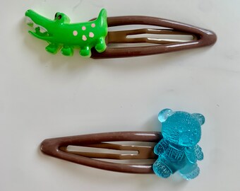 Boys Hair Clips - Animals, Crocodile / Alligator, Teddy Bear (set of 2)