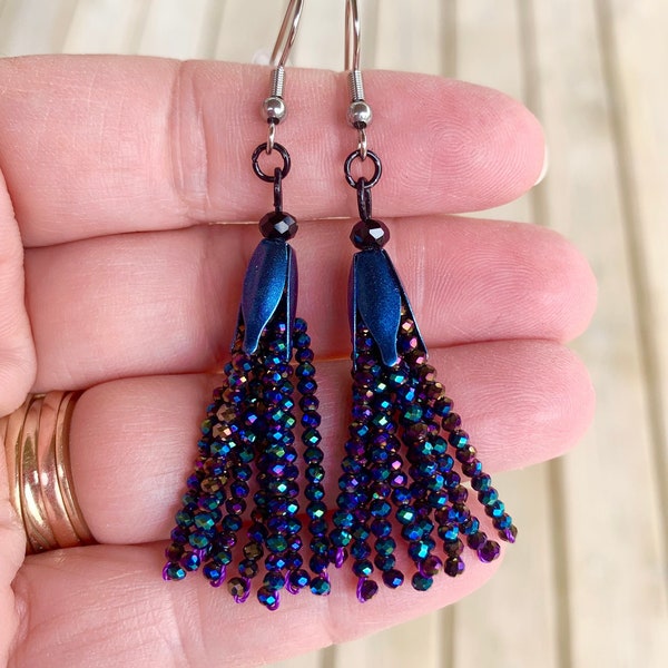 Beaded Tassel Earrings, Blue Iridescent Fringe Earrings