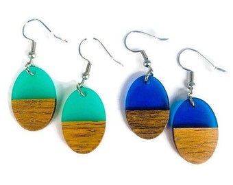 Small Oval Earrings, Horizon Earrings, Wood and Resin Earrings, 2 Colors Available