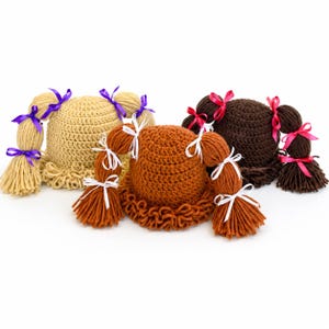 Crochet Yarn Doll Hat for Girls, Handmade Pigtail Hat, Fun Costume Hat, Baby Photo Prop, 3 Colors & 3 Sizes