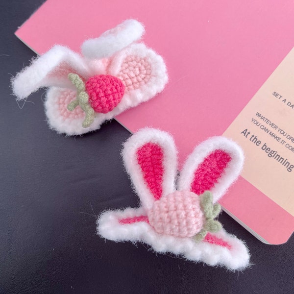 Crochet Strawberry Bunny Ears Hair Clips, Cute Furry Hair Clips for Kids/Girls,  Kawaii Hair Accessories