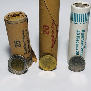 3 rolls of 2022. original Egyptian coins .Uncirculated. King Tut one pound. 50 piasters Cleopatra. 25 piasters.