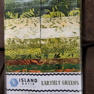 Island Batik - Earthly Greens Batik Strip Pack/Jelly Roll - 40, 2.5" x 42" Precut Fabric Strips