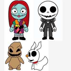 May include: Four cartoon characters from the Nightmare Before Christmas movie.  Sally, Jack Skellington, Oogie Boogie, and Zero.  The characters are in a chibi style.