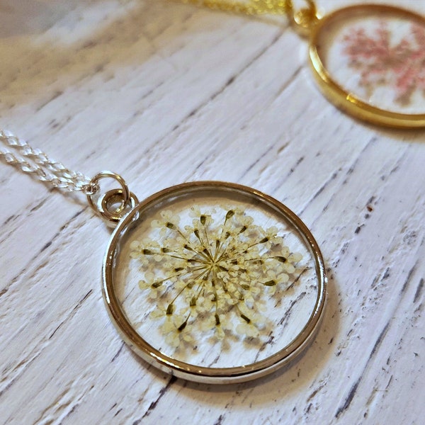 White Queen Anne's Lace Pressed Flower Necklace, Gift for Her, Gift for Mom