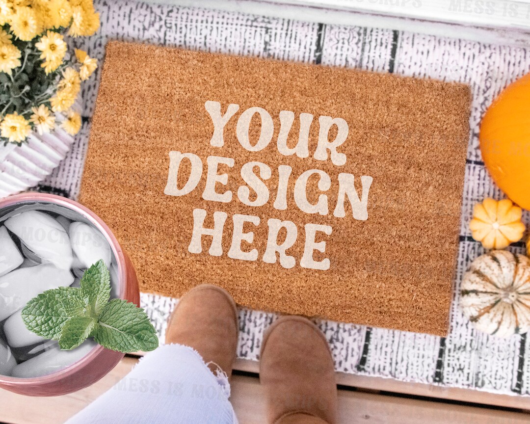 Coir Doormat Mockup for Autumn or Fall Realistic Fall Doormat Mock