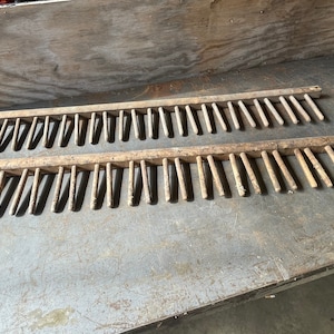 Pair of Vintage 51-1/4” x 7-1/4” Hardwood Row of Pegs Shelf Units From Shoe Factory Racks Great For Wall Mount Ski Rack or Rubber Mud Boots