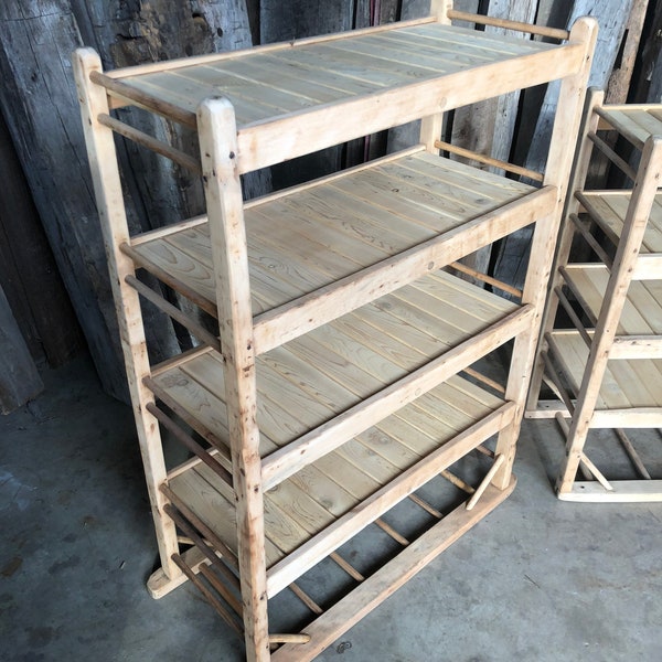 Genuine Antique Wooden Shoe Factory Rack on Original Casters 36”W x 16”D x 50”T x 10” shelf spacing circa 1900’s