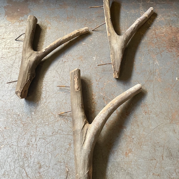 3 Antique Same Barn Wooden Coat Hooks Made From Tree Branch Splits with Original Mounting Nails 13-15” Long x 7-8” Deep Similar Sizes