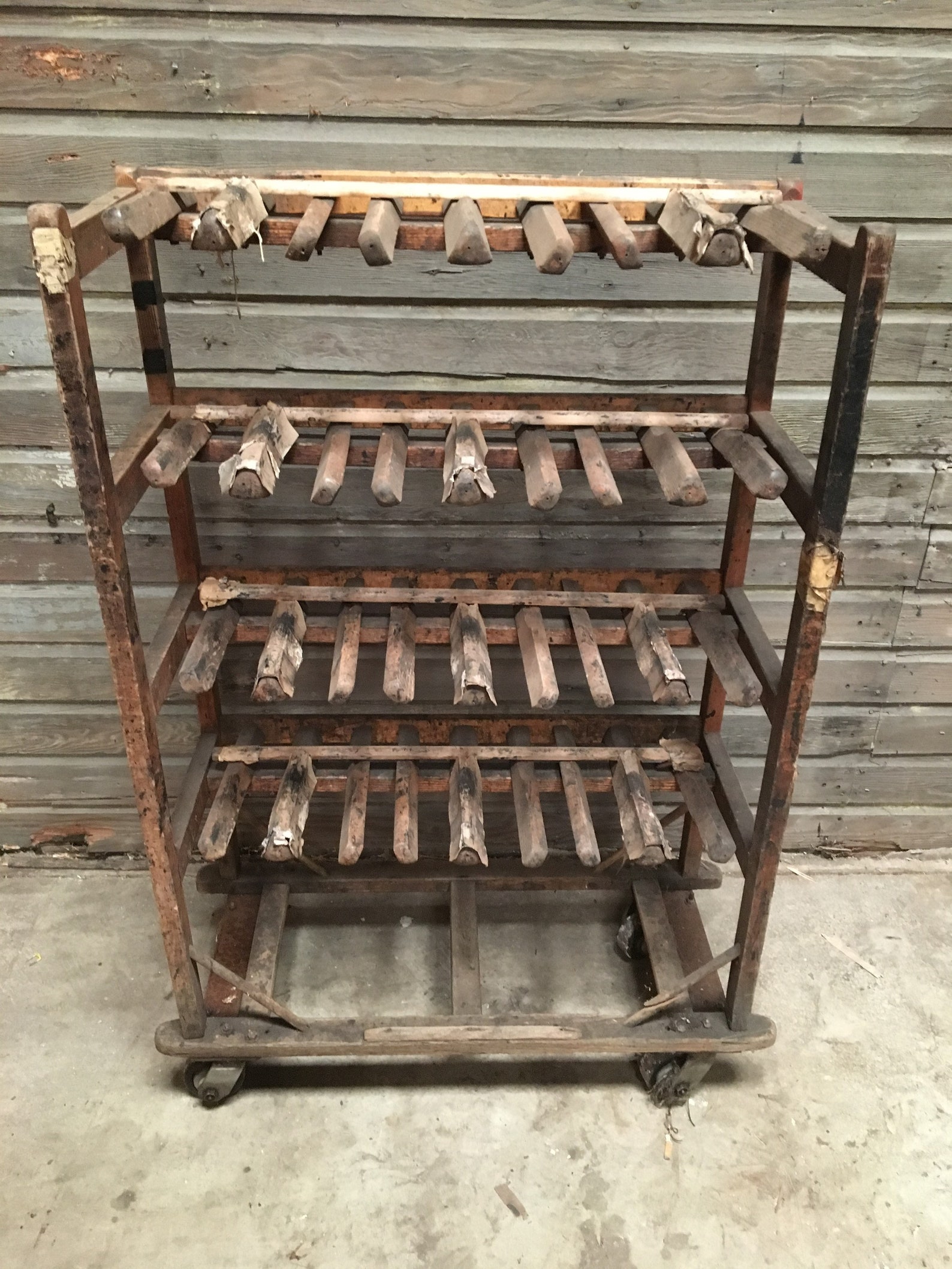 Factory Rack Frame Vintage Authentic Antique Wooden Shoe Factory Rack on Original Casters 40”W X ...