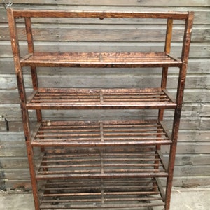 Authentic Antique Wooden Shoe Factory Rack on Original Casters 42”W x 16”D x 66”T circa 1900’s