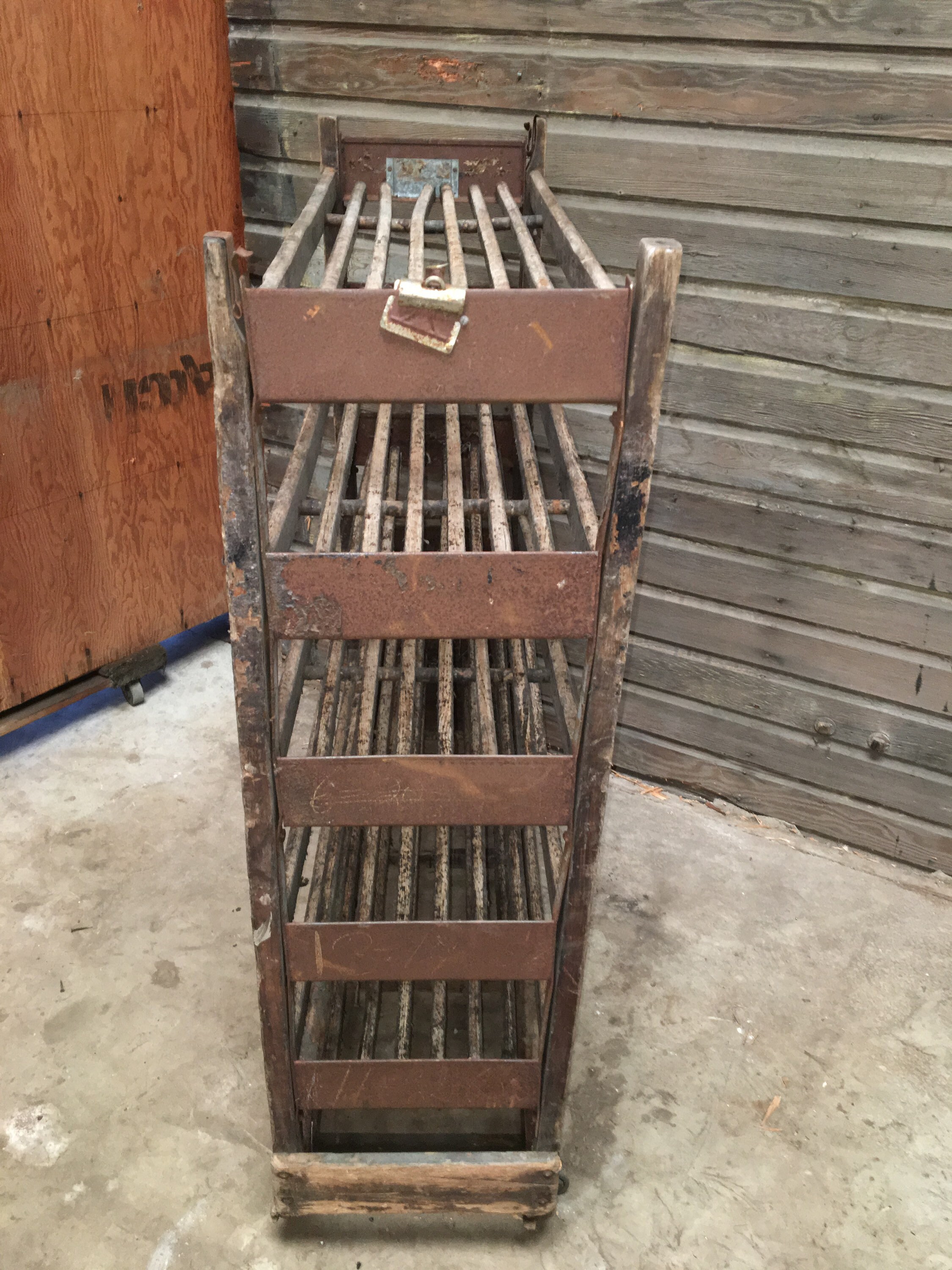 Authentic Antique Wooden Shoe Factory Rack on Original Casters 48