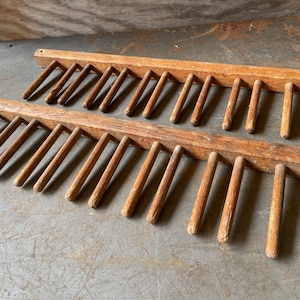 Pair of Vintage 27-1/4” x 7-1/4” Hardwood Row of Pegs Shelf Units From Shoe Factory Racks Great For Rubber Mud Boot Ski Rack or Tool Storage