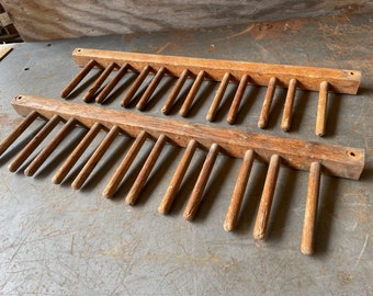 Pair of Vintage 27-1/4” x 7-1/4” Hardwood Row of Pegs Shelf Units From Shoe Factory Racks Great For Mud Boots Ski Rack or Tool Storage