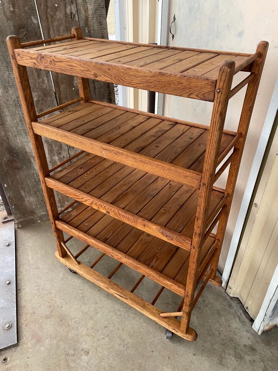 Authentic Antique Wooden Shoe Factory Rack on Original Casters