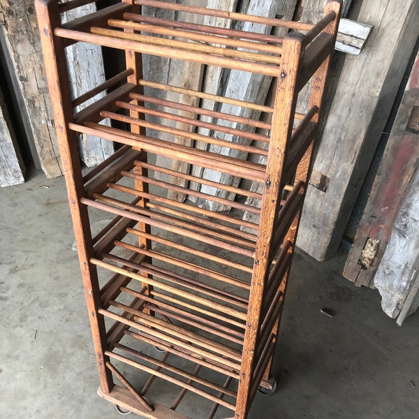 Authentic 1900’s East Coast Shoe Factory Rolling Rack With Dowel Shelves  55” T x 22” W x 15” D -Pre Order Listing Delivery in 4-6 weeks