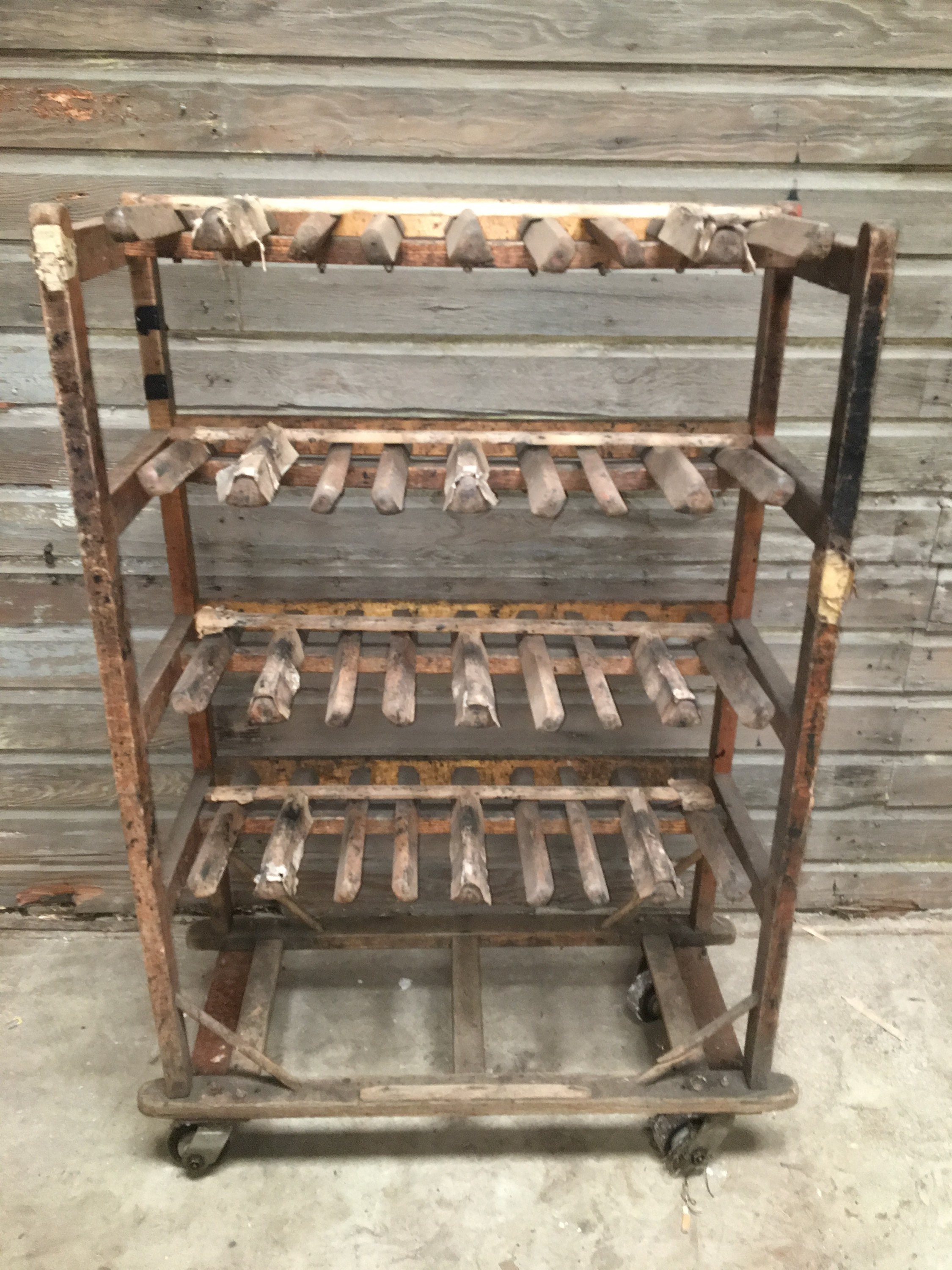 Authentic Antique Wooden Shoe Factory Rack on Original Casters 40